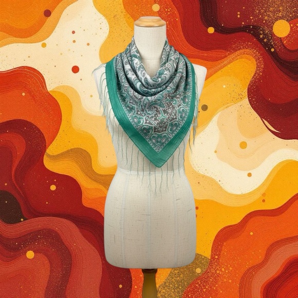 Chaudry Green Patterned Paisley Fringed Scarf with Silver Strands - Picture 5 of 6